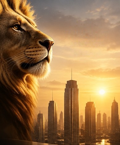 Lion in profile against a golden city skyline at sunrise