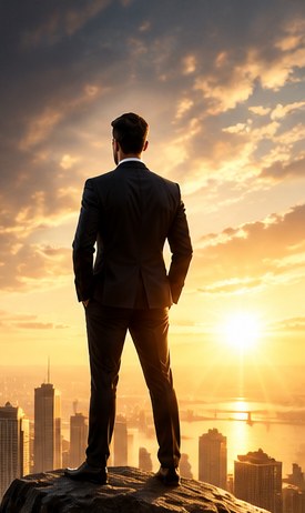 Executive standing on a summit overlooking a city at sunrise